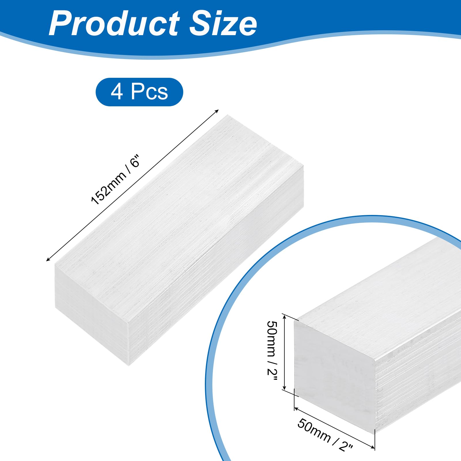 QUARKZMAN Barra Plana de Aluminio Cuadrada, 4 pcs 2" Grosor 2" Ancho 6" Longitud Barra Cuadrada de Aluminio 6061 Placa Plana, 50 x 50 x 152mm T6511 Sólido Nuevo Stock de Molino