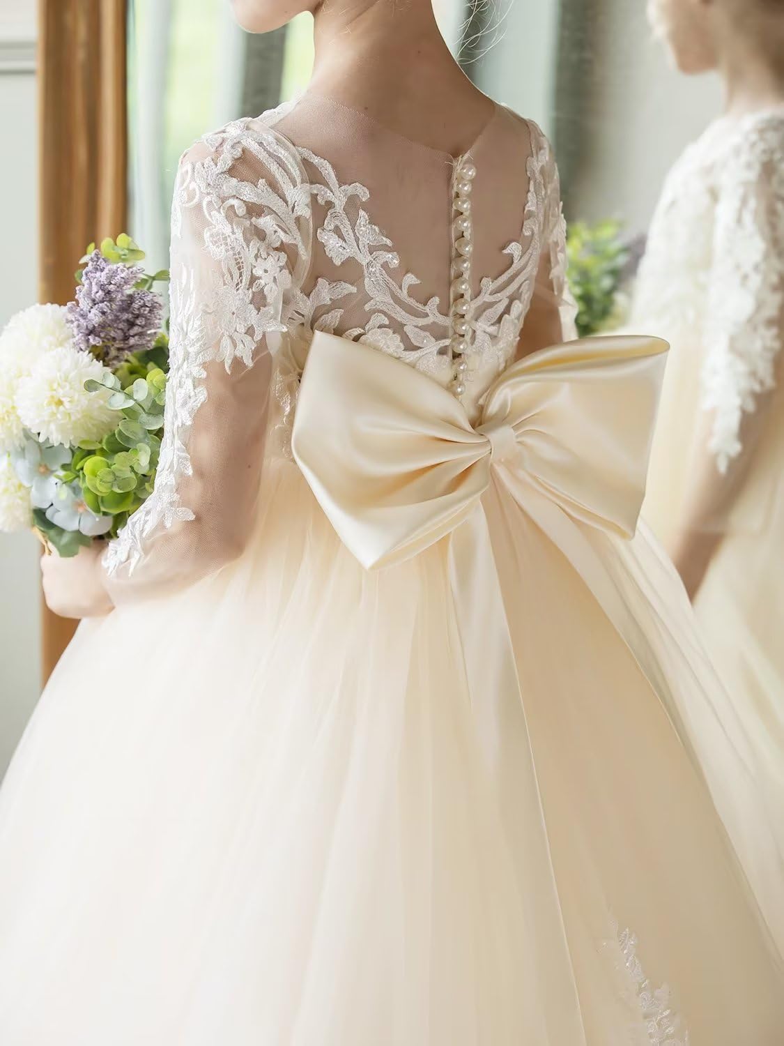 Encaje de Tul, Vestidos de niña de Flores para Boda, Mangas largas, Corte A, Princesa, cumpleaños, Vestidos de Fiesta con Lazo