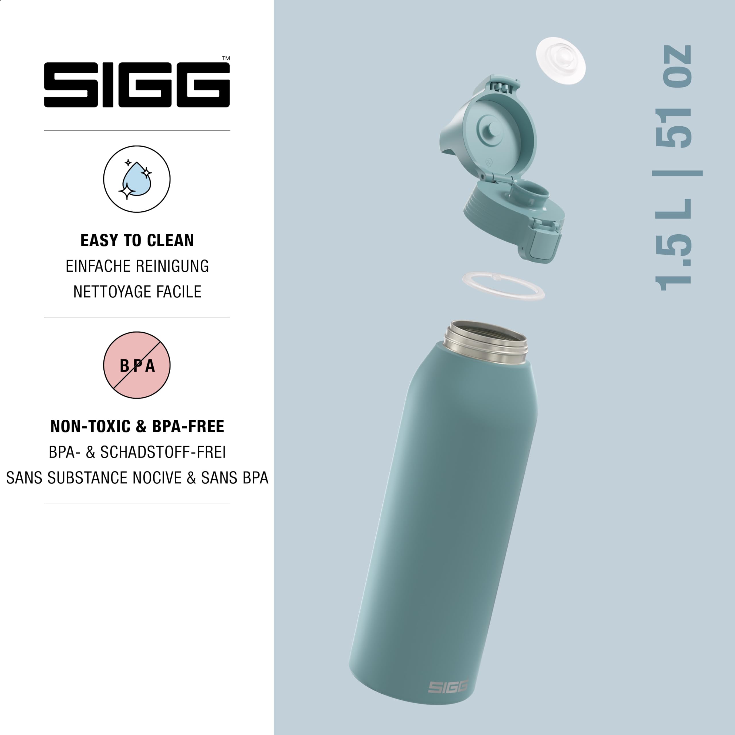 SIGG - Butelka do picia ze stali nierdzewnej – Shield ONE Morning Blue – nadaje się do napojów gazowanych – szczelna – lekka jak piórko – nie zawiera BPA – do użytku na zewnątrz i fitnessu – 1,5 l