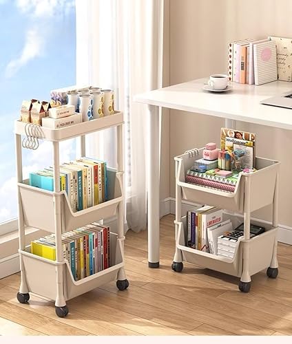 عربة تخزين محمولة بعجلات من بريموفيت، رف منظم دوار رفيع، وحدة رفوف متعددة الاغراض، رمادي وابيض (ابيض، 5 طبقات)