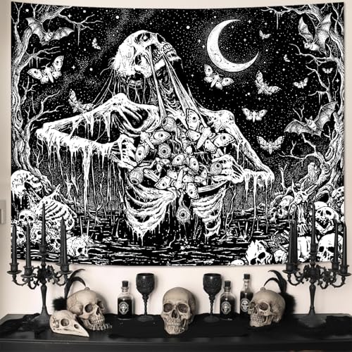 Lifeel Gothic Black and White Tapestry Dark Skeleton Skull Moth Demon Moon Butterfly Tapestries for Living Room Dorm 36x48 inches