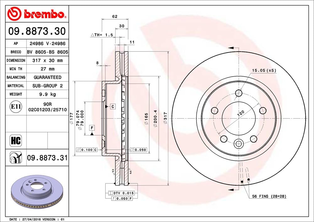 Brembo 09.8873.31 - Disque du Frein Avant avec revêtement anti-corrosion UV - 1 Disque