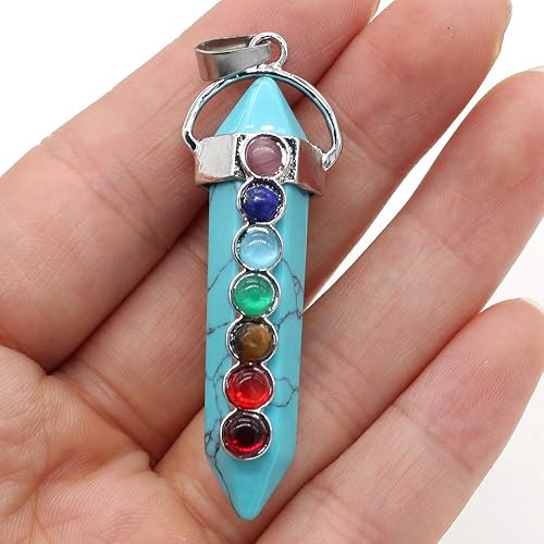 Miniatura 6 de 5 piezas de piedra natural colgante de aleación de metal forma de columna de cristal siete chakras curación aura para hacer collares accesorios
