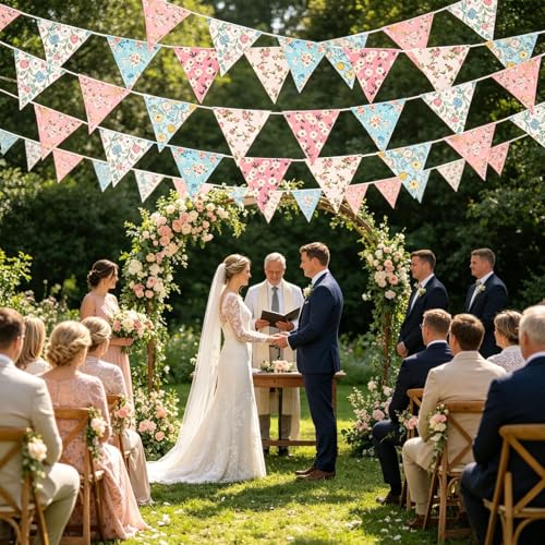 Image of Zwiebeco 32Ft Pink White Blue Fabric Floral Pennant Banner Bunting Cotton Flower Triangle Flags Party Decorations for Birthday Wedding Engagement Bridal Baby Shower Rustic Village Home Garden Decor