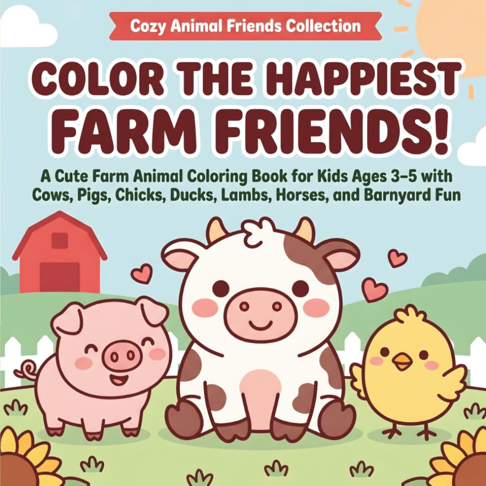 Color the Happiest Farm Friends!: A Cute Farm Animal Coloring Book for Kids Ages 3–5 with Cows, Pigs, Chicks, Ducks, Lambs, Horses, and Barnyard Fun (Cozy Animal Friends Coloring Books)