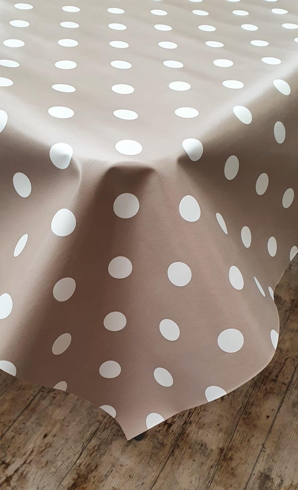 Plain Beige White Polka Dots PVC Plastic Table Cloth Natural Beige Brown White Dotty Spots Polkadots Oil Vinyl Party Dining Table Cloth Cover Protector (Oval 200cm x 135cm 78" x 52" inches)