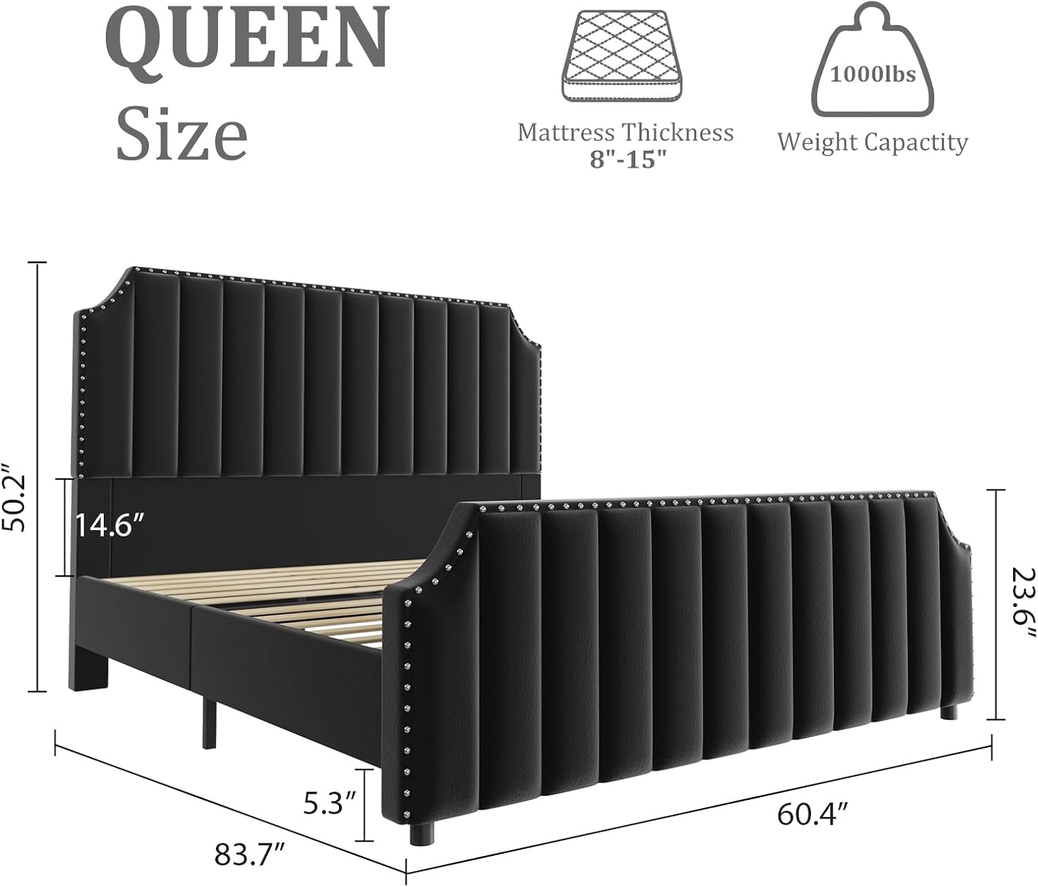 Queen Size Velvet Bed Frame, 50.2" Vertical Channel Tufted Tall Headboard, Upholstered Platform Queen Bed Frame with Nailhead Trim, No Box Spring Needed, Noise Free, Sturdy Wooden Slats, Black