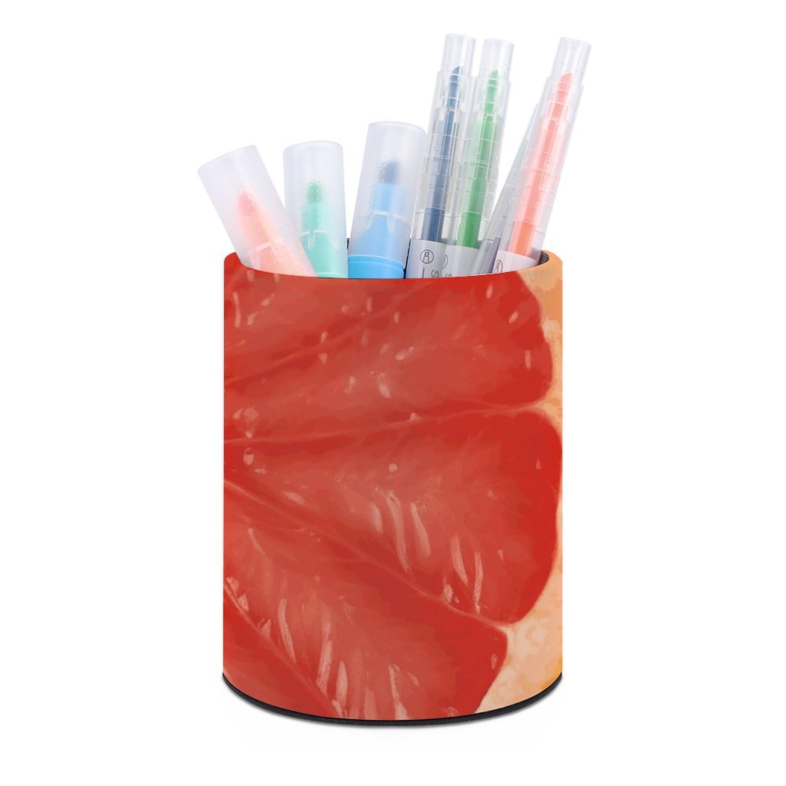 DWVTSLH Aesthetic Pen Holder for Desk - Modern Leather Pencil Holder - Stylish Round Makeup Brush Holder - Pink Ripe Grapefruit Slice Pen Cup Cute And Functional Desk Organizer for Office Supplies
