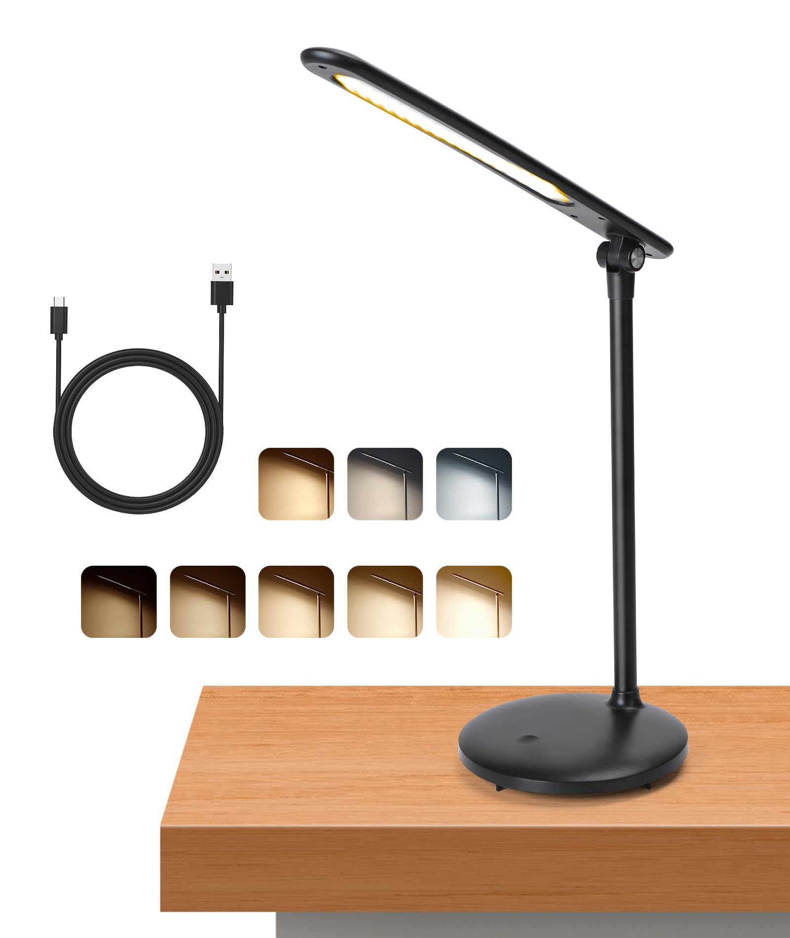 Aigostar lámpara escritorio LED, flexo LED escritorio plegable, 3 modos, 5 niveles de brillo, puerto tipo C, con 100cm cable, función de memoria, flexible ajustable, control táctil, negro