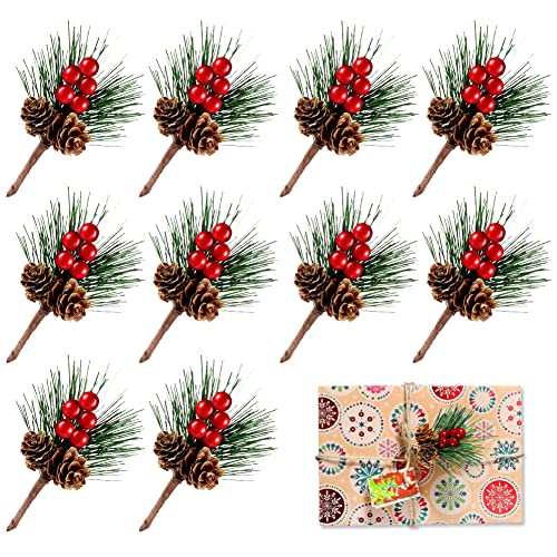 10 pcs Branches de Baies artificielles,Baies Rouges et Pommes de pin Naturelles,Branches de pin artificielles de Noël,Décoration de Sapin de Noël,pour couronnes de Noël,Cadeau Cover