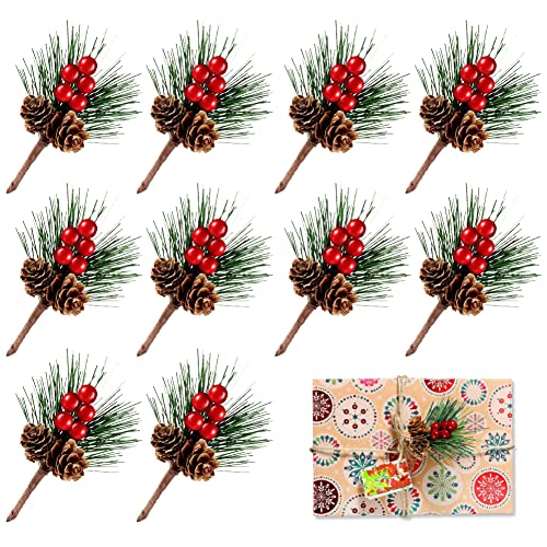 10 pcs Branches de Baies artificielles,Baies Rouges et Pommes de pin Naturelles,Branches de pin artificielles de Noël,Décoration de Sapin de Noël,pour couronnes de Noël,Cadeau