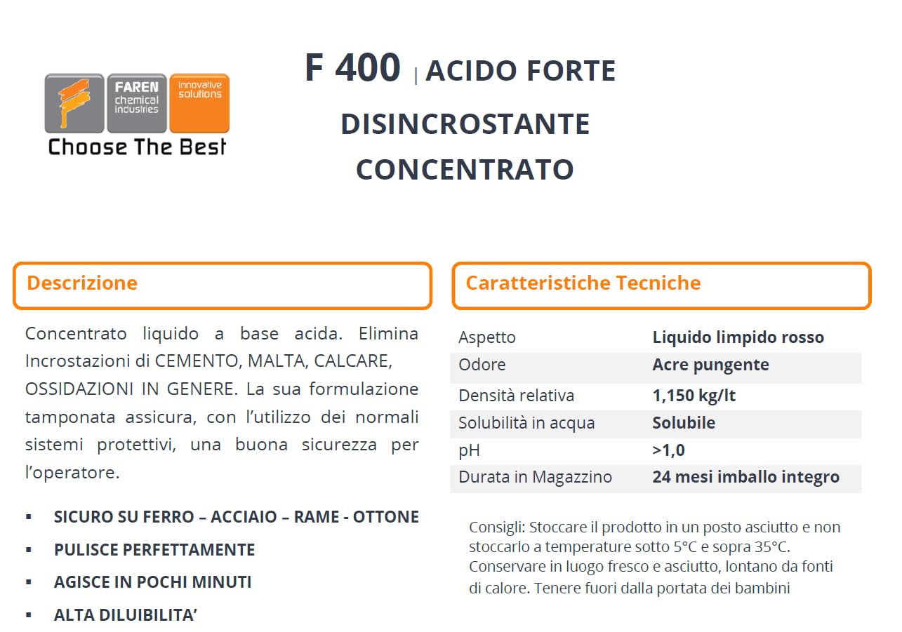 Faren F400 Disincrostante Concentrato Elimina Cemento Malta Calcare Ossidazioni 1lt