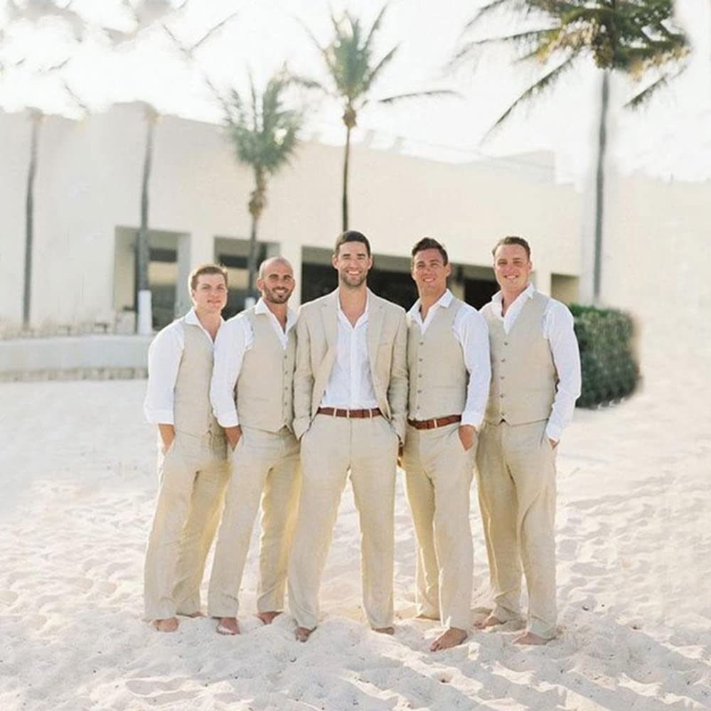Furuyal Leinenanzüge für Herren, lässig, Hochzeit, 2-teilig, Anzüge für Trauzeugen, Smoking, Sommer, Strand, Abschlussball, Weste und Hose