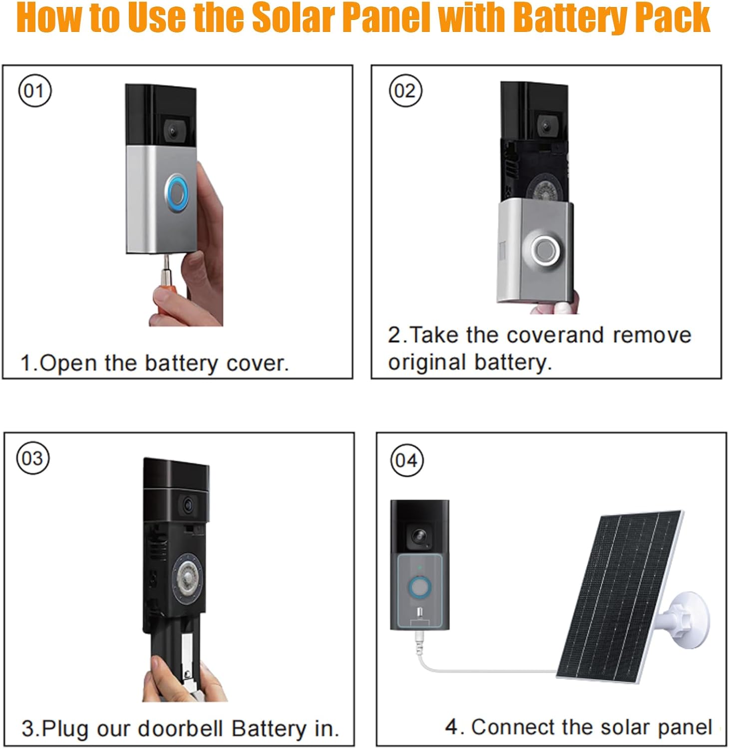 4W Solar Panel with Battery Pack for Ring Video Doorbell 2/3/3 Plus/4, IP65 Waterproof, 360° Adjustable Mount, 16.4ft Cable