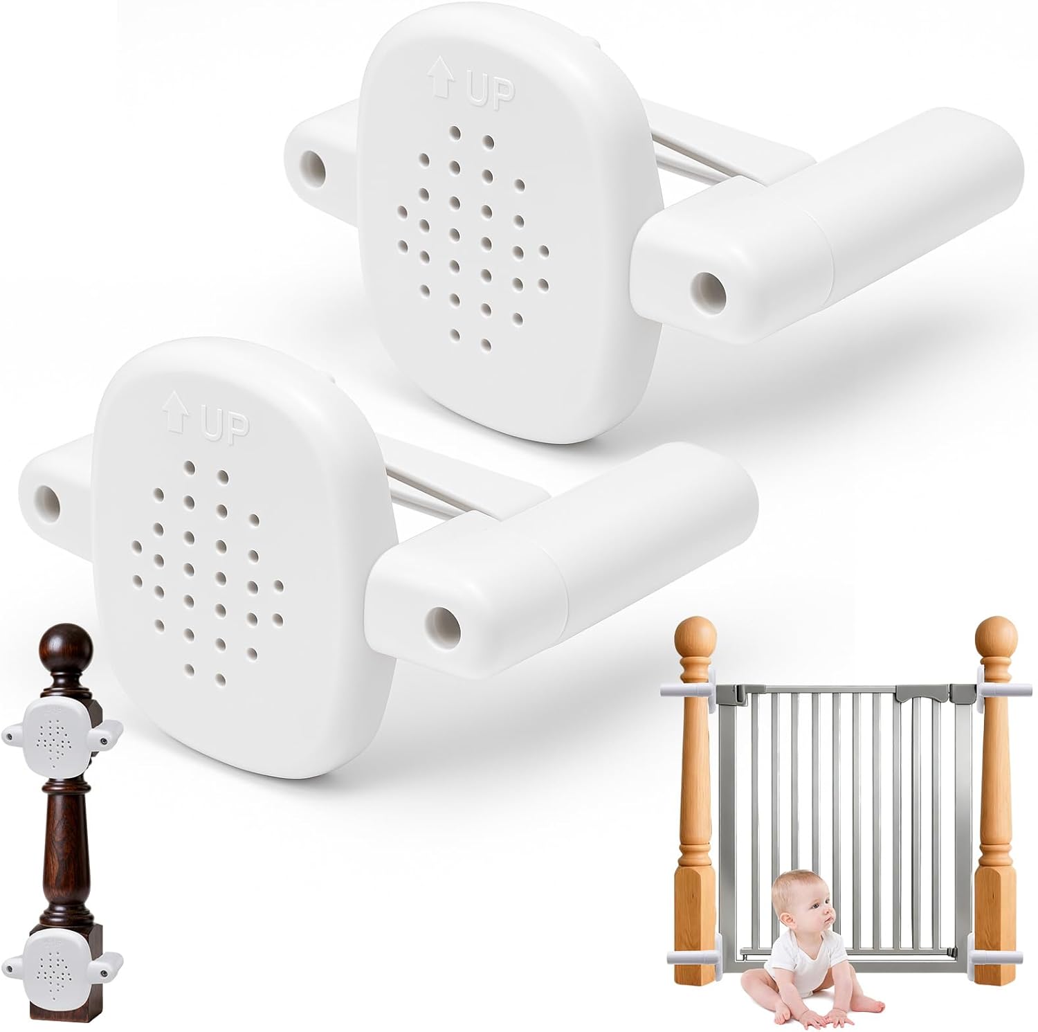 2 Pcs Baby Gate Banister Adapter, No Hole Stairway Baby Gate Mounting Kit, Works with Retractable/Mesh/Iron Gates, Stair Banister Protector (Not Include The Gate)