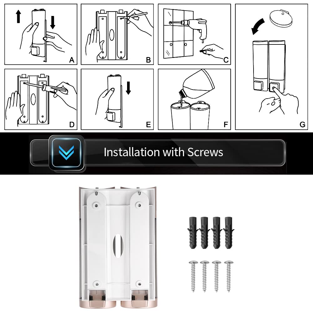 Kavolet Dispenser Sapone Manuale 200mlx2 Parete Manuale Trasparente ABS | Dispenser Sapone Bagno Muro per shampoo e bagnoschiuma,dispenser sapone a parete , antigoccia, per bagno e hotel