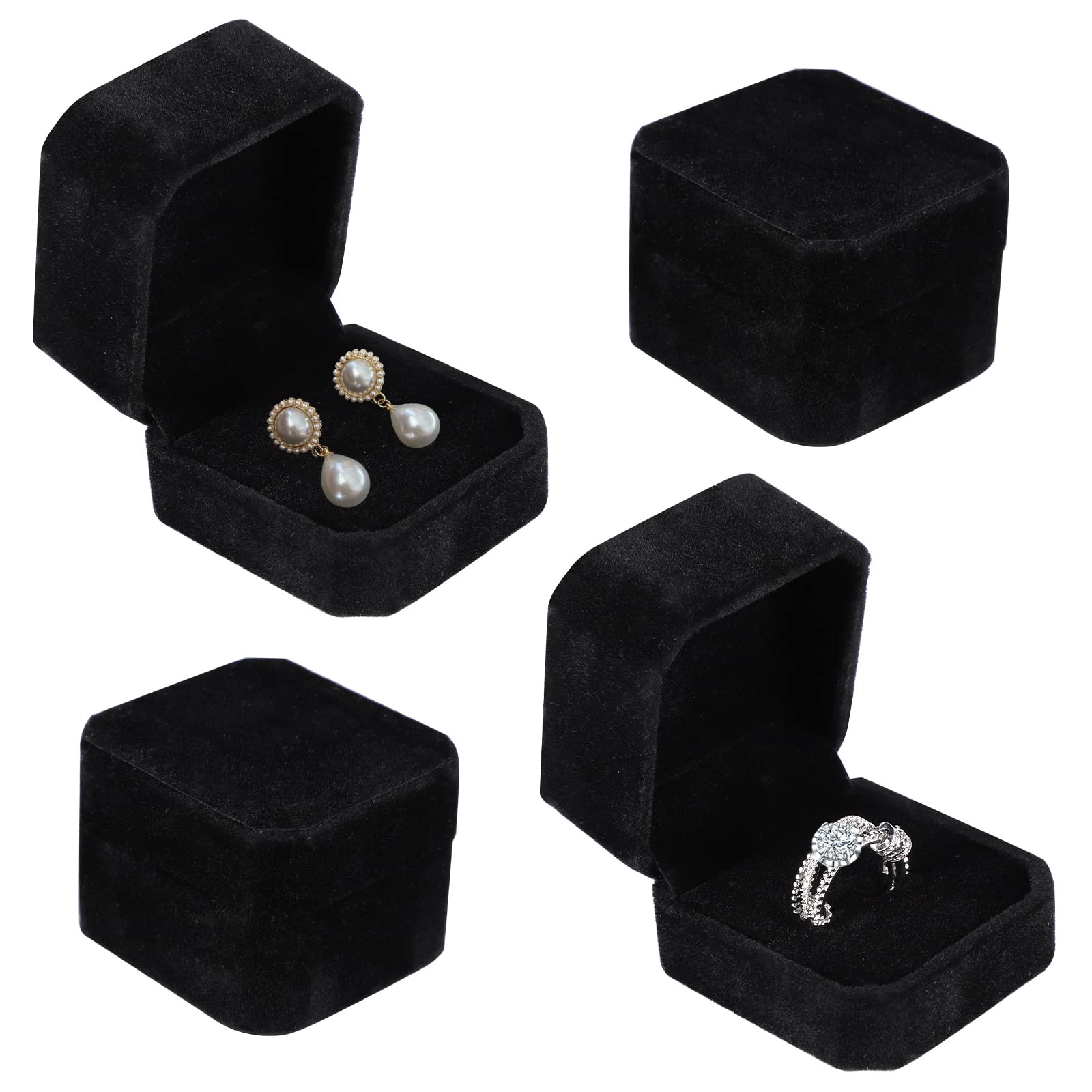 Lanjue 4 Pcs Velvet Ring Box, Black Earring Box Jewellery Gift Boxes Display Storage Boxes Organizer Case Holder for Women Engagement Wedding Presents Jewellery