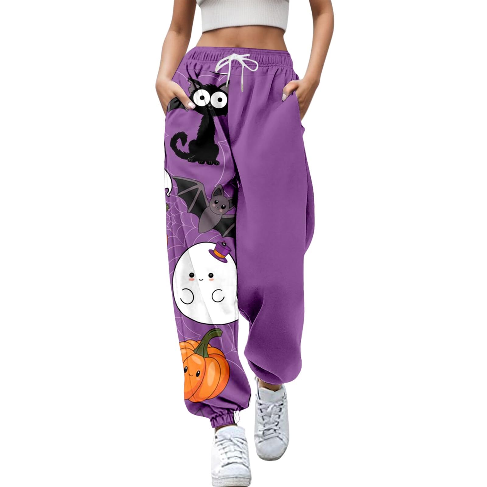 Pantalon De Jogging Pour Femme Halloween Fantômes Citrouille Crâne Chauve-souris Imprimé Costume D'Halloween Pantalon De Sport Pantalon Large Pantalon Long Baggy Pantalon De Survêtement Taille Haute