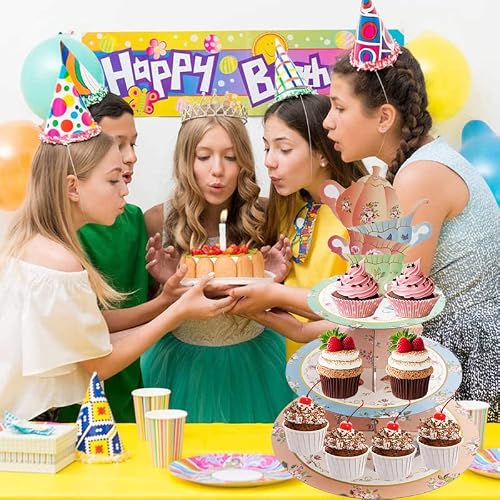 Flower Theme Tea Party Cardboard Cupcake Stand,3-Tier Round Cupcake Holder Dessert Stand Talking Party Dessert Tower For Birthday Wedding Supplies Decor #TOP6