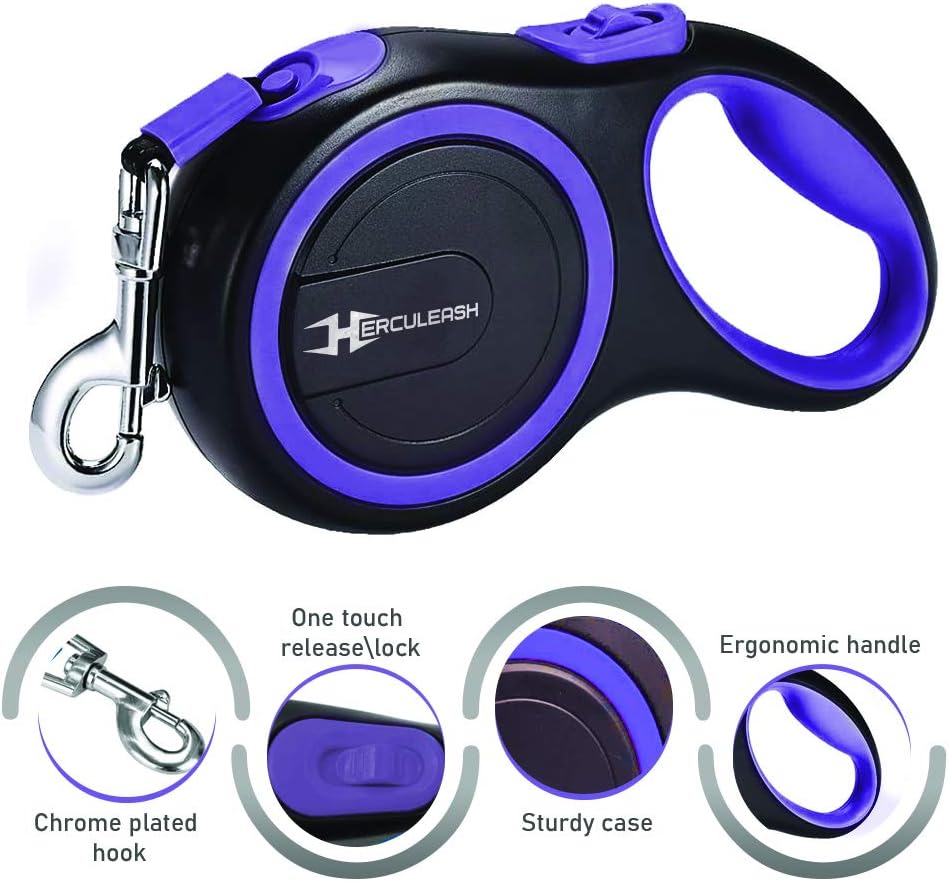 Herculeash 16Ft Retractable Dog Leash and Collar Set for Small, Medium or Large Dogs up to 110lbs- Tangle Free, Heavy Duty Nylon Tape Pet Walking Leash with Anti-Slip Handle- Large, Purple : Pet Supplies