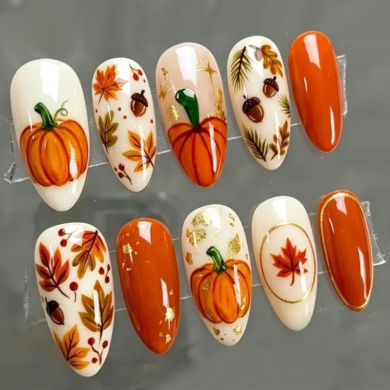 30pcs Fall Press on Nails Medium Almond Fake Nails with 3D Pumpkin Maple Leaf Pine Cones Designs Thanksgiving False Nails Halloween Acrylic Nail Kit Full Cover Artificial Reusable Nail for Women