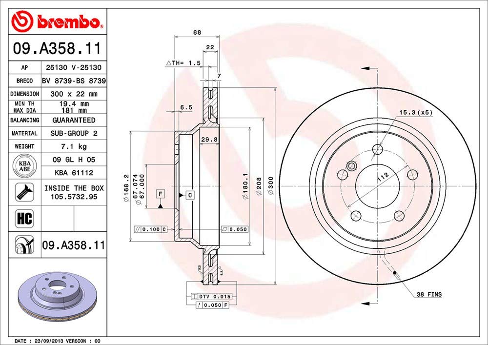 Brembo 09.A358.11 - Jeu De 2 Disques De Frein Arrière Anti-Corrosion UV Pour Mercedes