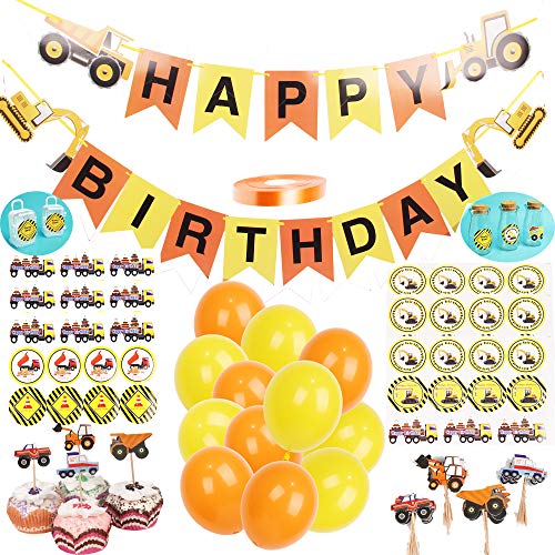 Construction Birthday Party Supplies, 1 Set Vehicle Happy Birthday Banner Include Excavator Bulldozer Truck, 24 Balloons, 100Yard Ribbon, 24 Cupcake Toppers, 6Packs Dessert And Candy Stickers(1 Pack Including 11 Pcs Stickers) #TOP15