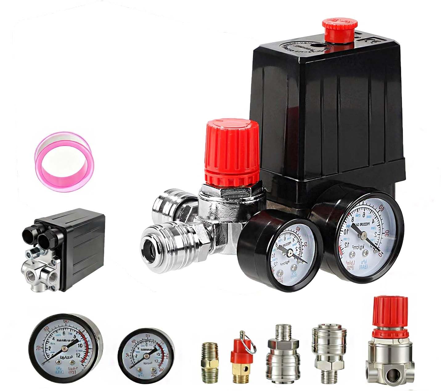 Pressostato per Compressore d'Aria con Regolatore di Pressione 220V, Manometro, Valvola di Sicurezza, Raccordi Rapidi G1/4", 90-120 PSI, Controllo Manuale ON/OFF