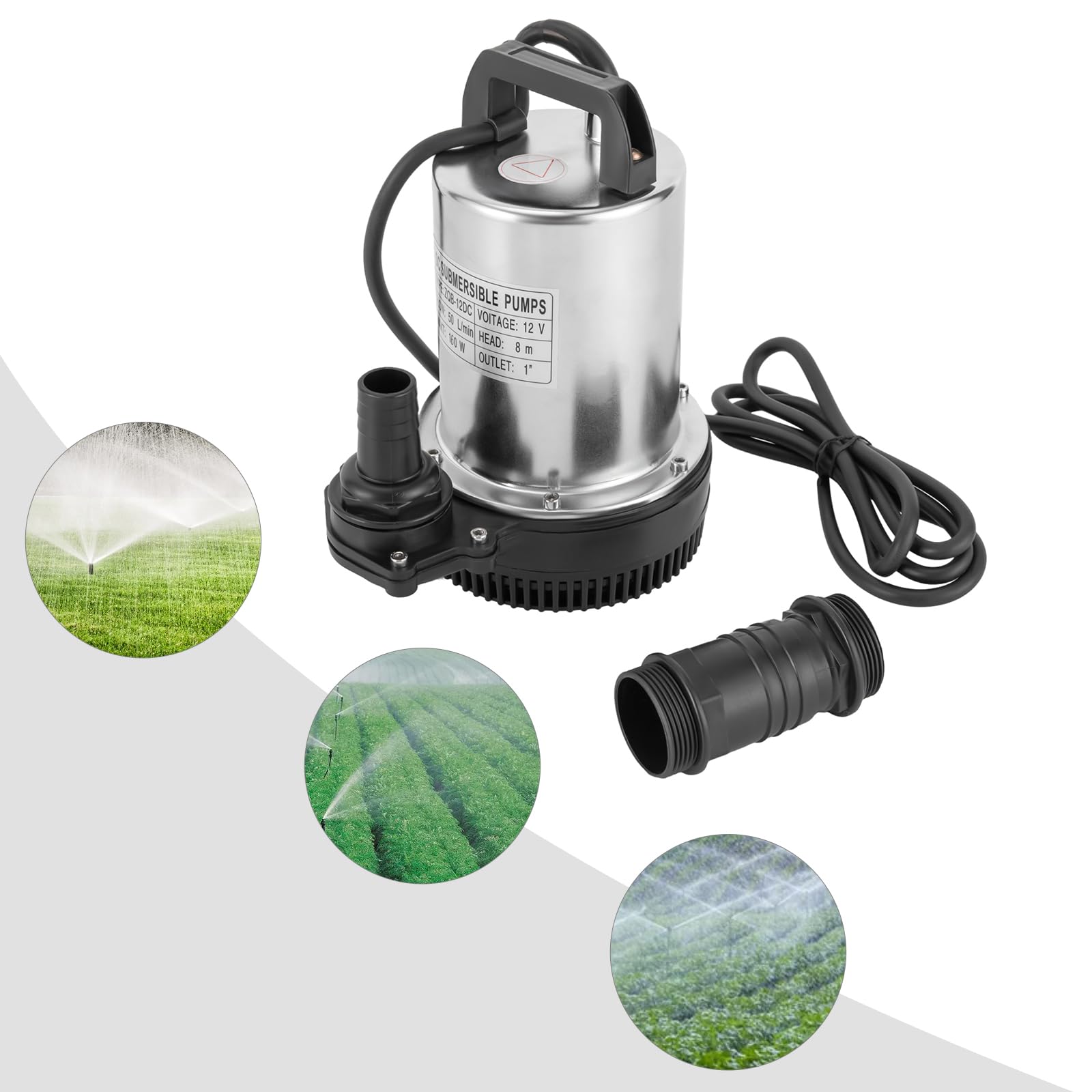 Pompa głębinowa 12 V, 160 W, kolor chromu, 6000 l/h, pompa brudnej wody z 3 średnicami wylotowymi, wysokość tłoczenia 9 m, do ogrodu i nawadniania