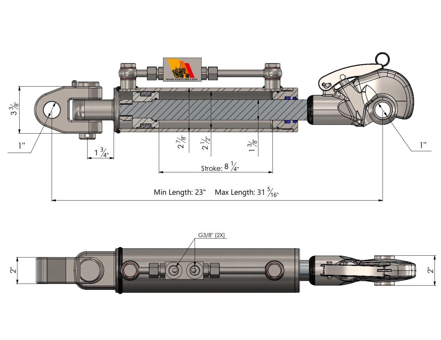 Hydraulischer Oberlenker Kat 2 (585-795 mm) mit Kugelgelenk, Fanghaken und Sperrblock
