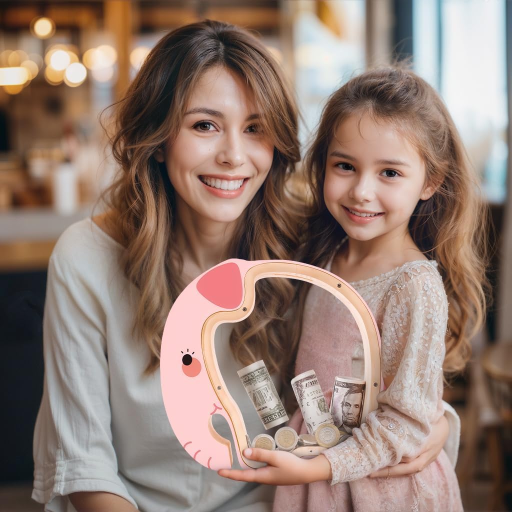Wooden Pink Elephant Piggy Bank for Kids, Unbreakable Pink Coin Bank for Kids with Letter Sticker, Wooden Cashbox Money Bank Birthday Gifts for Girls, Educational Toy for Girls, Boys