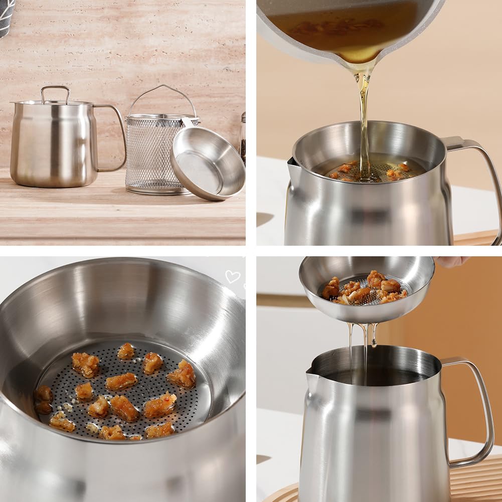 DASIAUTOEM Olla para freír con cesta, mini olla para freidora, depósito de grasa, filtro de malla fina, recipiente para grasa, filtro de grasa con asa, olla de filtro de aceite de 2 litros para asar