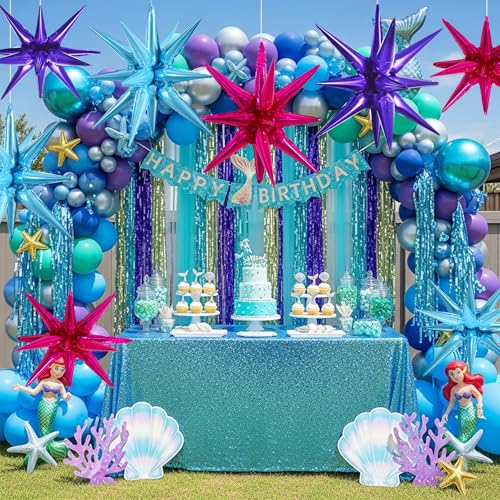 Image of TONIFUL 8 Pcs Green and Gold Explosion Star Foil Balloon Party Decoration | 22 Inch Large Mylar Star Balloon for Girls'Sweet 16 Party Mermaid Themed Underwater Birthday Summer Tropical Beach Pool Decor