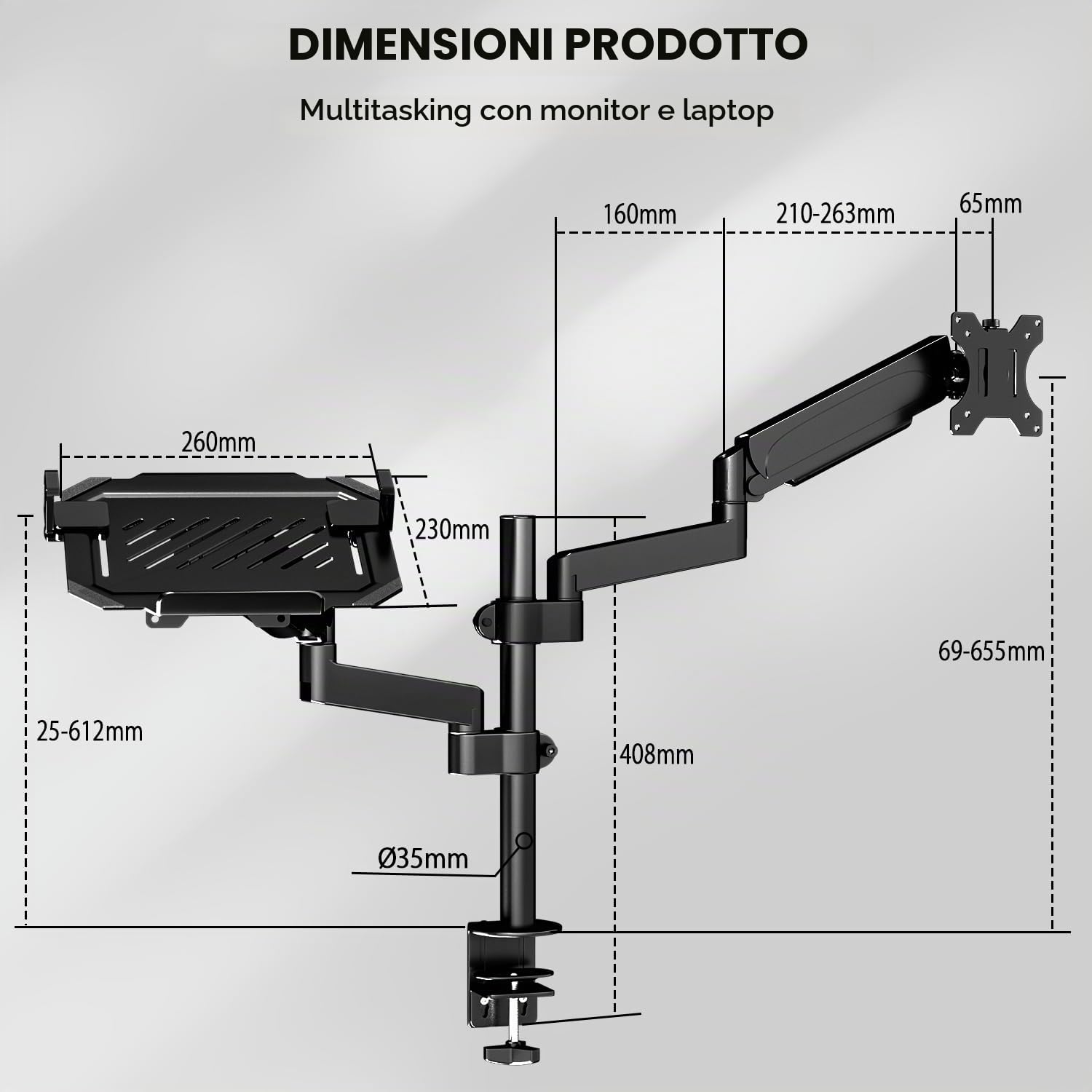 PUTORSEN Supporto Monitor Braccio con Vassoio per Laptop, Regolabile Supporto per Notebook per Schermi LED LCD da 17 a 32 Pollici o Notebook Fino a 18 Pollici, VESA 75x75/100x100mm Peso 9 kg,2 Opzioni