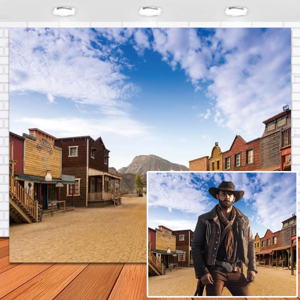 Leowefowa 10x8ft Vinyl Western Town Backdrop Wild West Style Bar Wagon Carriage Photography Background Western Party Decoration Western Cowboy Cowgirl