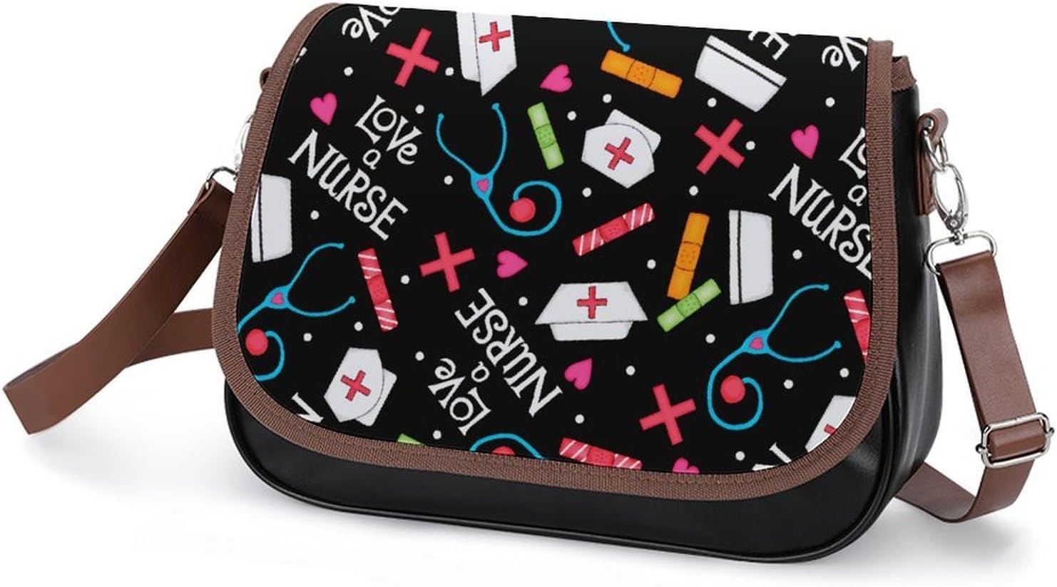 Love A Nurse Art BlackWomen's Faux Leather Crossbody Bag, Waterproof Wrinkle-Resistant Shoulder Bag with Detachable Strap, Large Capacity Casual Handbag, Fashion Daily Purse for Shopping Work Dating,