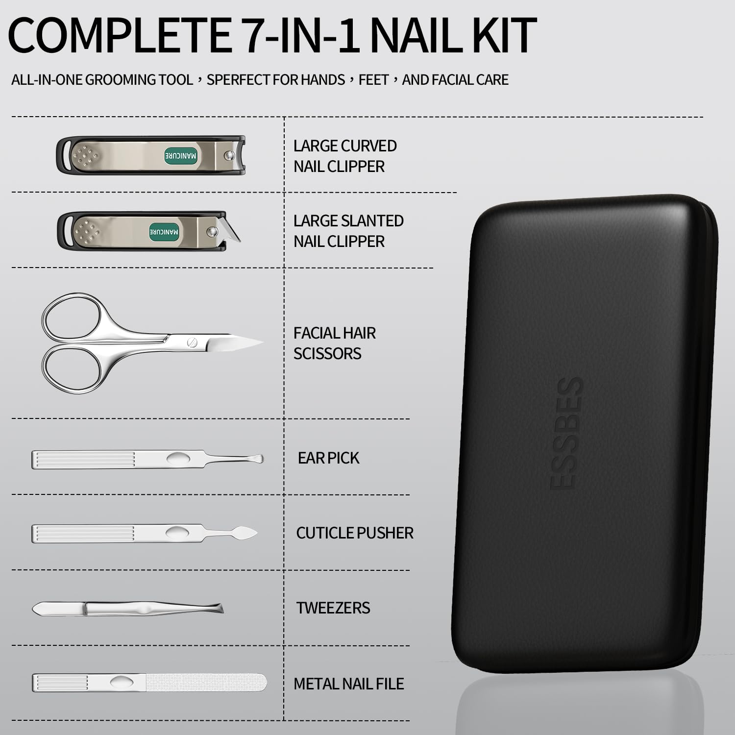 Set manicure professionale per uomini e donne, kit da 7 pezzi in acciaio inox con tagliaunghie grande, kit manicure da viaggio in custodia in pelle PU nera