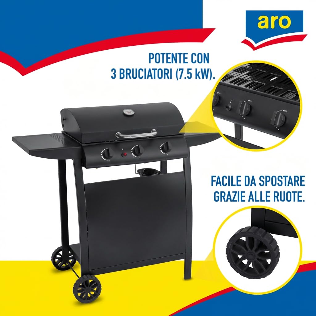 aro Barbecue a Gas 3 Bruciatori Acciaio Nero con Termometro Tavolini Laterali