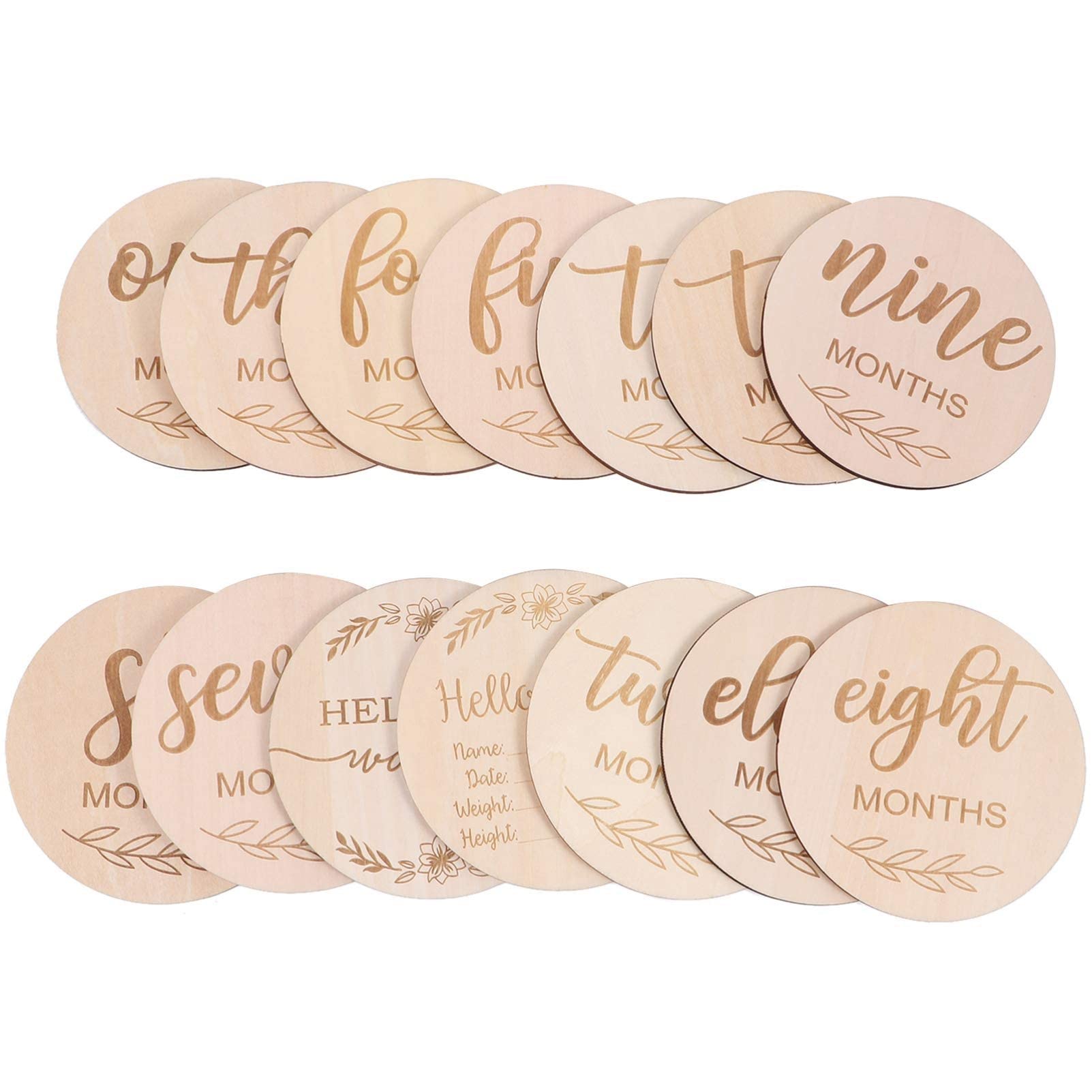 Myingaou Log Color 14Pcs Wooden Baby Monthly Milestone Cards, Baby Milestone Discs For Photo Props
