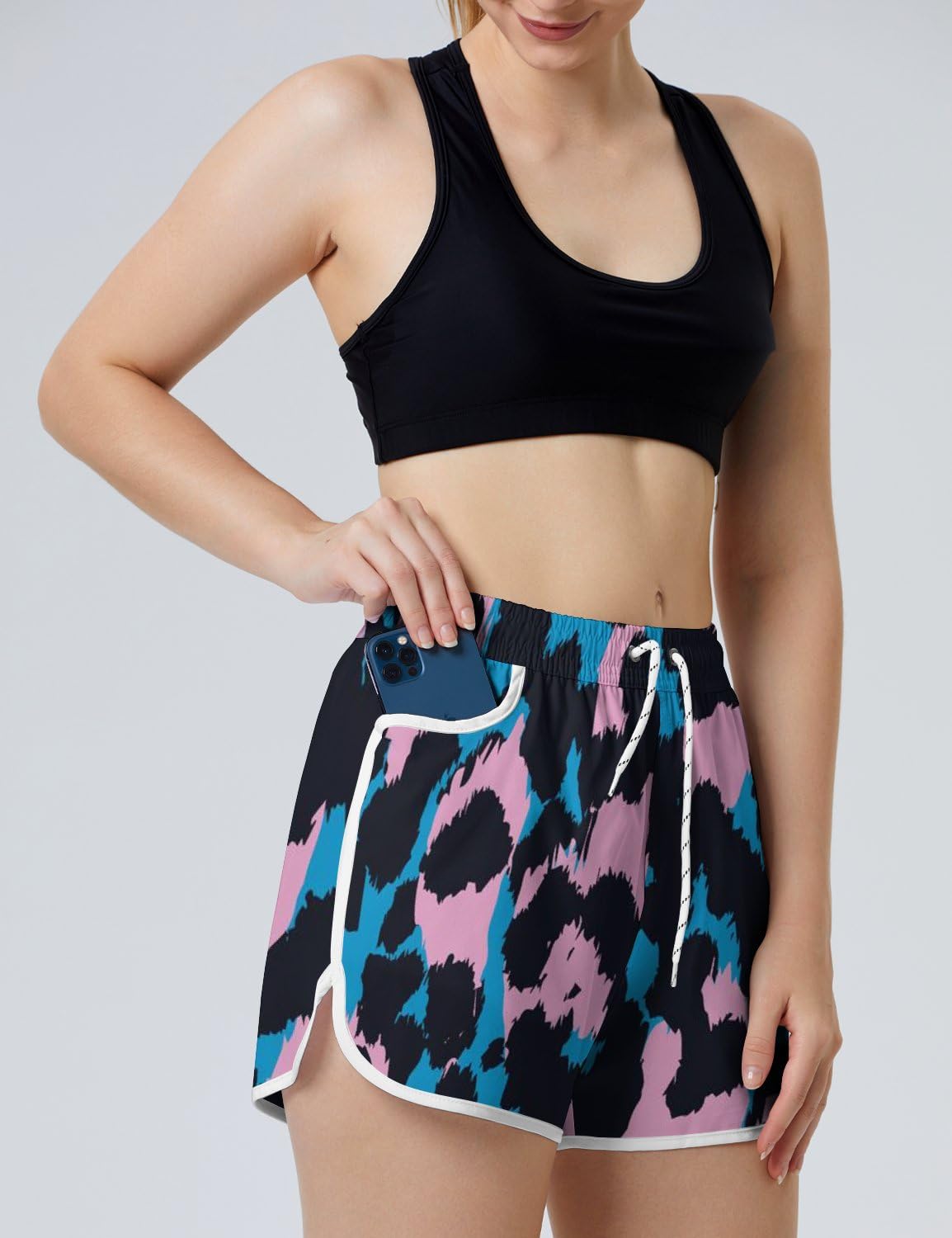 AYUNIX Women's Running Shorts with Pockets Quick Dry Performance Shorts for Women Pink Leopard Print Athletic Workout Shorts