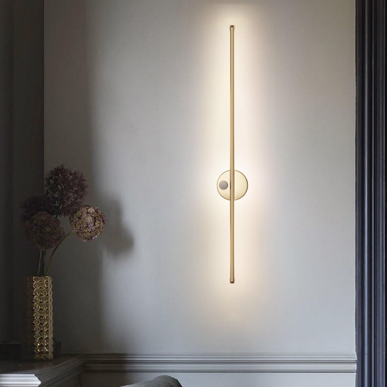 Moderne LED Applique Murale Intérieure Lampe Murale mit Bewegungsmelder Luminaire Mural Longue Design Éclairage Mural Aluminium pour Salon Chambre Couloir (Or-Lumière Blanche,120cm)