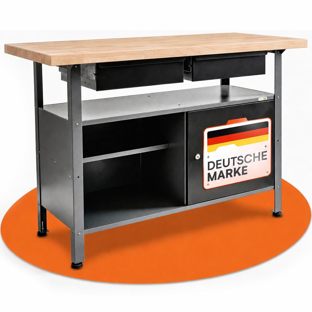 Ondis24 Werkbank Fritz - Höhenverstellbare Werkbank Mit Schubladen, Metall Anthrazit, 120x60x85cm, 28mm Dicke Buchen-Arbeitsplatte, Abschließbare Tür, Belastbar Bis 250kg - Perfekt für Werkstätten