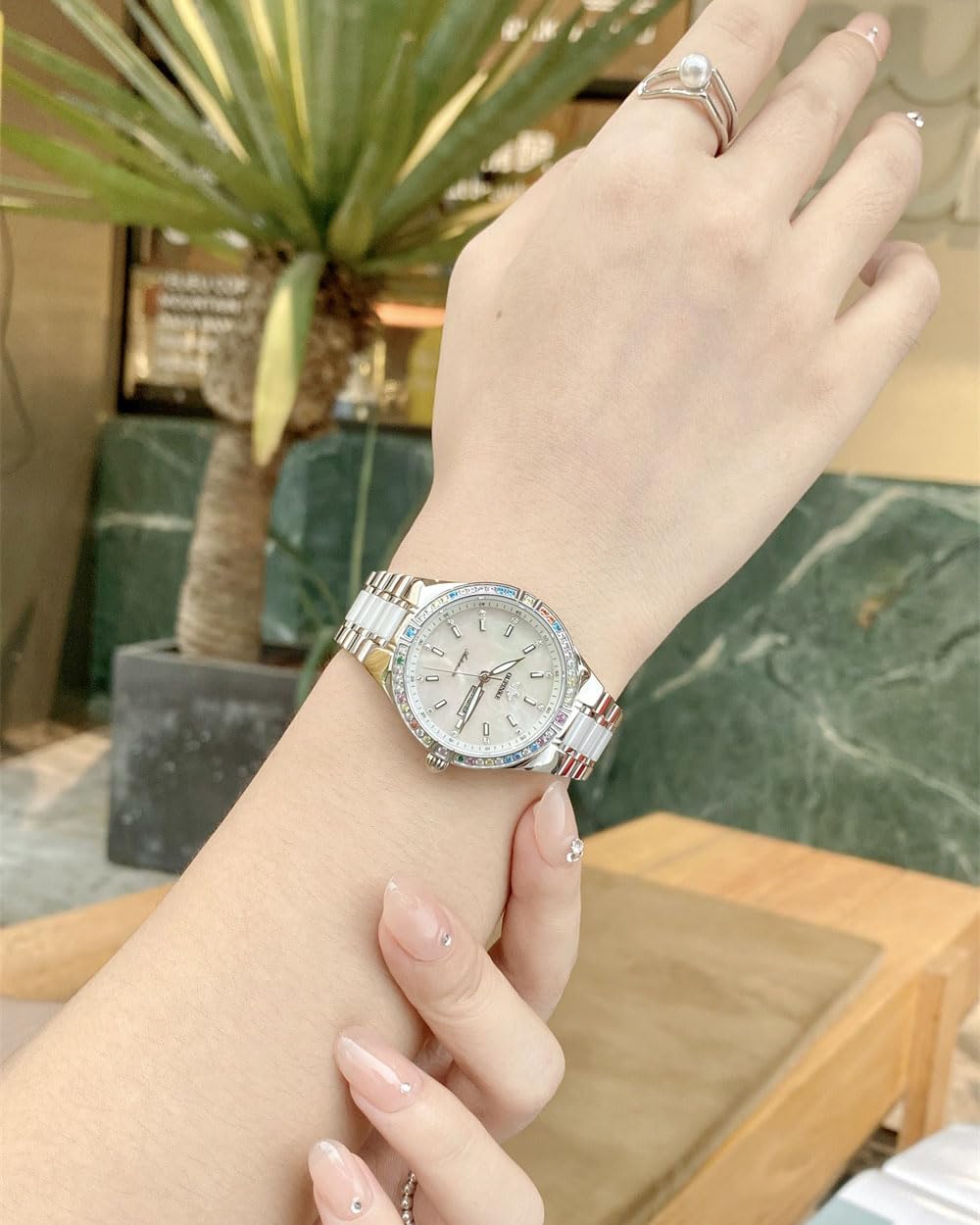 OUPINKE Relojes automáticos para mujer, con diamantes coloridos, elegante, de lujo, oro rosa, mecánico, cristal de zafiro, reloj de pulsera, 3283: blanco