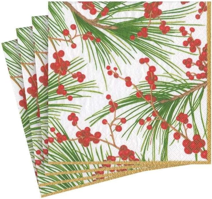 Caspari Berries and Pine Paper Cocktail Napkins – 80 Count (4 Packs of 20), 3-Ply Holiday Christmas Beverage Napkins, Cocktail Size, Printed in Germany