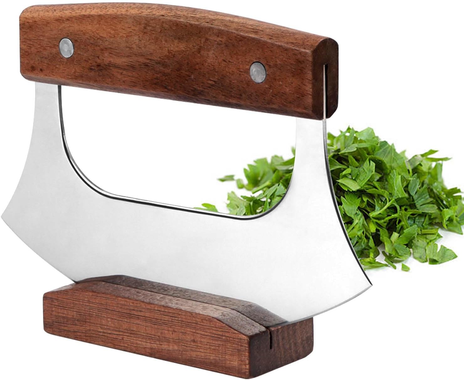 KAYCROWN Mezzaluna Ulu Knife, Pizza Cutter Rocker, Alaskan Ulu Knife with Wooden Stand, Mezzaluna Salad Veggies Rocker Chopper Slicer Cutter Stainless Steel Blade, Kitchen Mincing Knives KAYCROWN Mezzaluna Ulu Knife, Pizza Cutter Rocker, Alaskan Ulu Knife with Wooden Stand, Mezzaluna Salad Veggies Rocker Chopper Slicer Cutter Stainless Steel Blade, Kitchen Mincing Knives