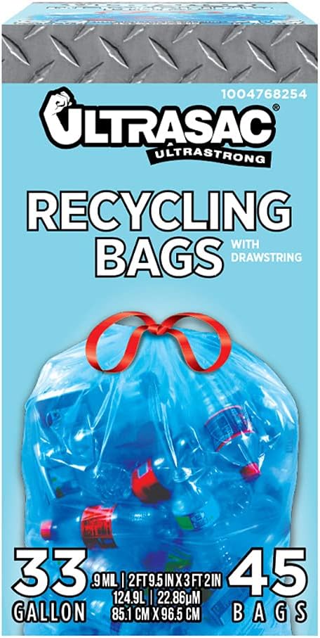 Ultrasac Blue Recycling Bags 33 Gallon 0.9 MIL, 33.5" x 38" - Pack of 45 - For Recycling, Kitchen, Industrial, & Commercial