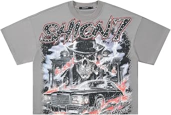 Mens Oversized T-Shirt, Printed Graphic Tees, Streetwaer Boxy Cropped T-Shirt for Men, Embellished Drop Shoulder T-Shirts