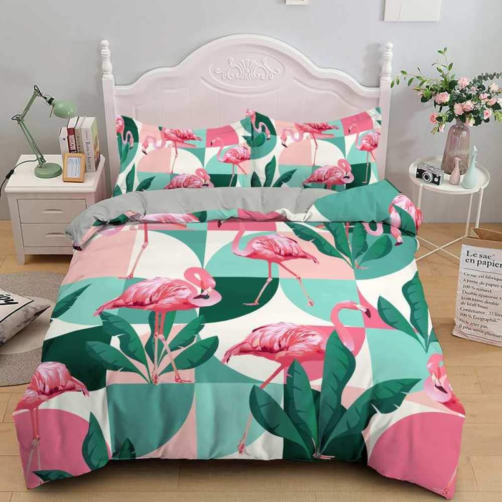 QWFDAQbedding seKing：95 inch x 86.7 inch duvet cover sets, Green white pink leaf flamingo Duvet Cover Set Double, 3 Piece Print Bedding Set Print Duvet Set.1 Quilt Cover with 2 Pillowcases