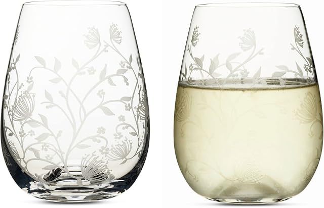 Muldale Etched Crystal Stemless Red Wine Glasses Set of 2 Tumblers, 460ml - Eleanor Design Vintage Floral Crystal Wine Glasses - Large Capacity for Dinner Parties - Perfect for Weddings