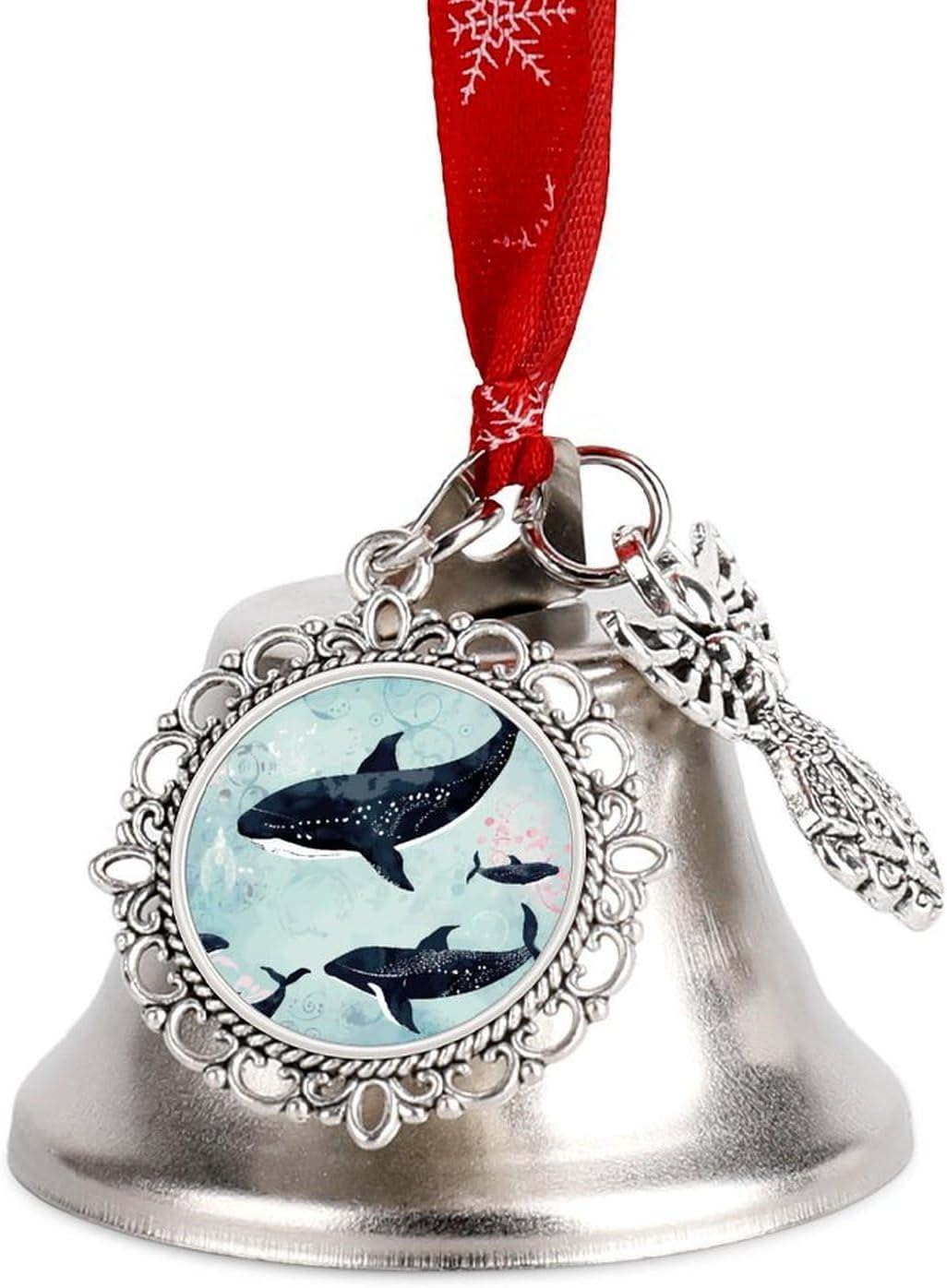 Whale Bell Ornament Red Ribbon for Christmas Tree Holiday Decoration Personality Believe Bell Ornaments Sleigh Bells for Winter New Year Party Supplies